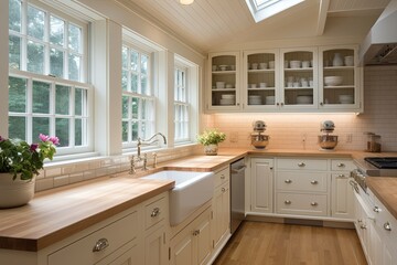 Farmhouse Elegance: Charming Cape Cod Kitchen Designs with Butcher Block Counters and Farmhouse Sink