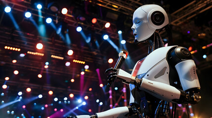 A candid photo of a humanoid robot performing singing on a concert stage with a realistic concert...