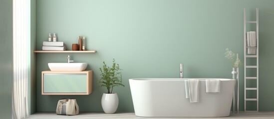 A modern bathroom featuring pastel green walls with a white tub, ceramic sink, and toilet. The design is clean and contemporary, with a spacious layout and natural light streaming in.
