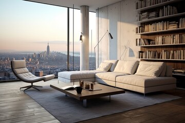 Fototapeta premium Minimalist Chic Urban Loft Living Room Concepts with City View: Stylish Furniture Inspiration