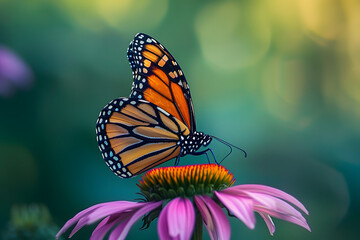 Fototapeta na wymiar photorealistic monarch butterfly on a purple coneflower f/5.6 sunny day blurred green background
