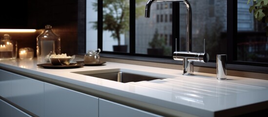 A stainless steel kitchen sink is positioned next to a window, with a sleek faucet attached for easy access to water. The modern interior adds a touch of functionality to this practical space.