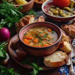 Turkish noodle chicken broth soup with vegatables on a bowl served with bread on rustic wooden table