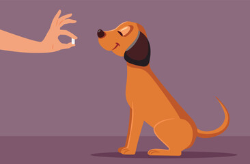 Vector Dog Receiving Pill Medical Treatment from its Veterinary Doctor. Persons saving a doggie giving first aid with medication
