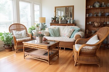 Fototapeta na wymiar Vintage Wicker Furniture in Coastal Grandmother Style Living Room Decor