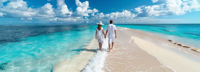Foto op Canvas Banner of A young couple enjoys their summer vacation walking along a tropical beach on a sunny day on white sand,adventurous spirit to travel. copy space © SnapVault