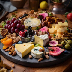 wine appetizers; antipasto platter with ham, salami, cheese, fruits, olives and crackers	