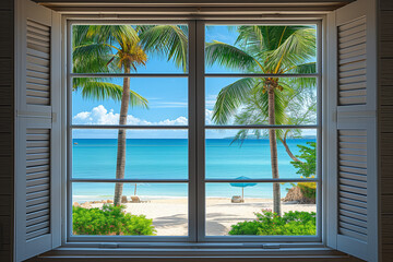 Wooden window with view on tropical sea beach.