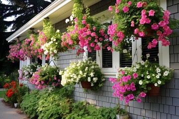 Fototapeta na wymiar Hanging Basket Bliss: Colorful Blooms for Your Cottage Style Garden Patio.