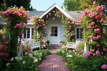 Fototapeta na wymiar Cottage Style Garden Patio: Trellis Treasures & Climbing Plant Inspirations
