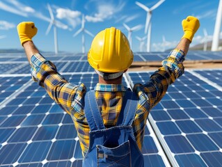 Installing a Solar Cell in a solar farm. Green energy