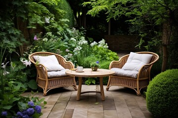 Cottage Style Garden Patio: Wicker Chairs & Comfortable Cushions Inspiring Tranquility