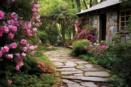 Stone Pathway Oasis: Cottage Style Garden Patio Inspirations