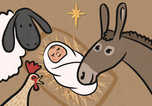 Jesus in a stable with animals