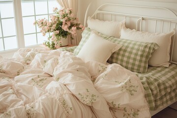 Fototapeta na wymiar Gingham Dreams: Cottagecore Bedroom Ideas with Plush Pillows
