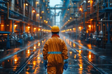 Obraz premium The worker wears a high-visibility outfit, standing alone in a vast, illuminated industrial setting at dusk