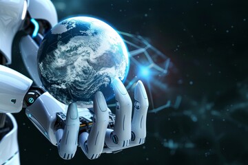Artificial intelligence robot hand holding earth globe with blurred earth background, tech revolution and future of humanity in AI hand concept technology 