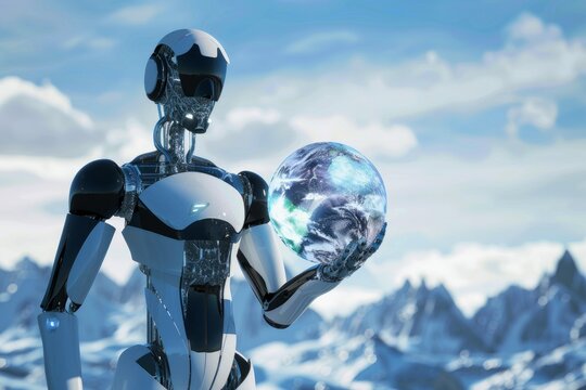 A futuristic Robot holding globe in his hand while he is closely looking at it
