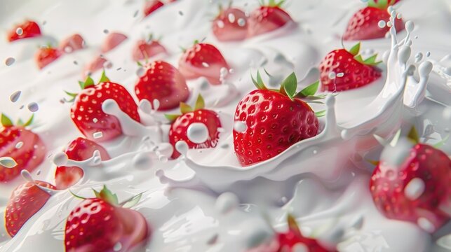 Strawberries fall into milk and cause splashes of milk. Generate AI image