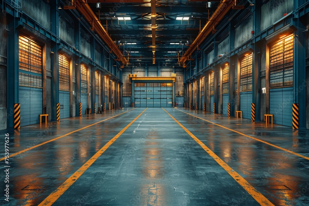 Poster spacious and empty industrial warehouse with parallel yellow lines and large windows with a symmetri