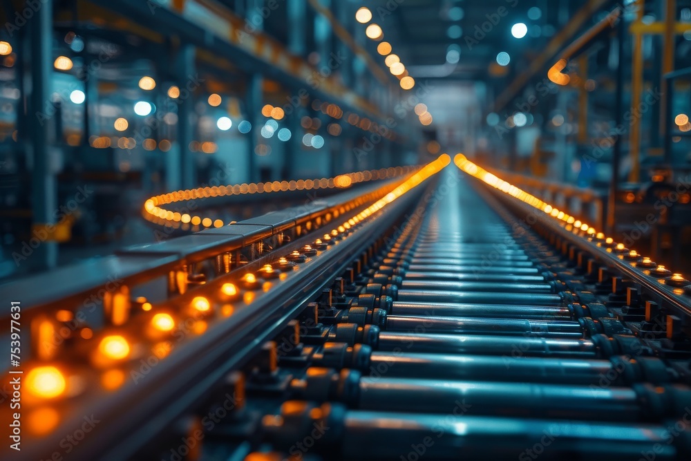Poster brightly lit bottles on a conveyor belt in a modern factory with a bluish hue showcasing automation 