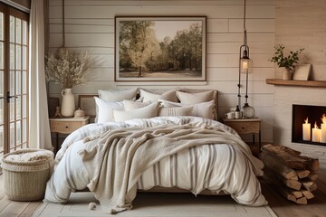Cottagecore Bliss: Ticking Stripe Layers in Inspirational Bedroom Decor - obrazy, fototapety, plakaty
