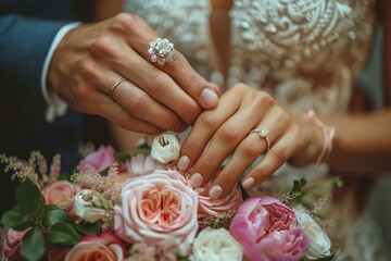 A newly married couple with groom putting wedding ring on brides finger  - obrazy, fototapety, plakaty