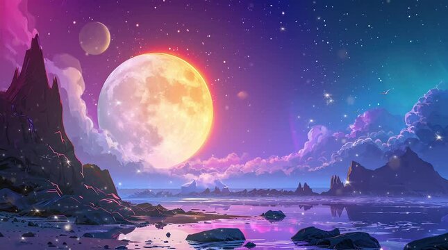 Moonlit Enchantment: A surreal fantasy landscape bathed in the ethereal glow of a full orange moon, where mystical creat Seamless looping 4k time-lapse virtual video animation background. Generated AI