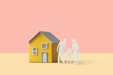 Papermade figurines of happy family standing near new house