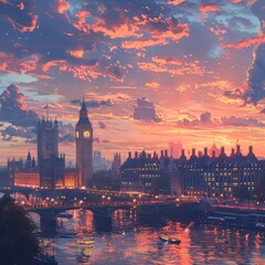 a realistic looking skyline of london with big ben , london bridge