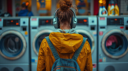 Woman listening to music in headphones while waiting inside a Laundromat for laundry to finish.