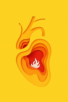 Fire flame inside papercraft anatomical human heart