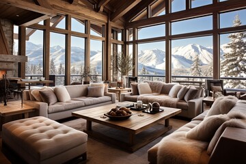 Mountain View Majesty: Cozy Chalet Living Room Ideas with Large Windows