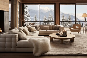 Fototapeta premium Cozy Chalet Living Room Inspiration: Sheepskin Rugs & Warm Color Palette