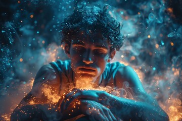 Obraz premium Man engulfed in blue mystic glow, embodying a fantasy or dreamlike atmosphere