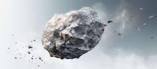 A large rock is seen flying through the air, propelled by unknown forces. The rock appears to be soaring through the sky, defying gravity and moving with great momentum. - obrazy, fototapety, plakaty
