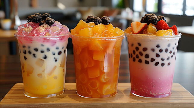 Variety of boba milk and fruit teas topped with tapioca pearls and fruits pieces.