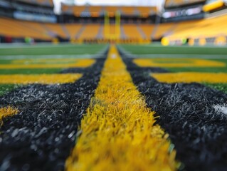 Closeup semi blurred American football arena with yellow goal post, grass field 