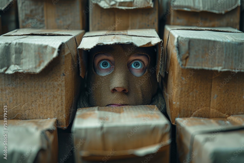 Poster close-up image of several stacked cardboard boxes creating a patterned background