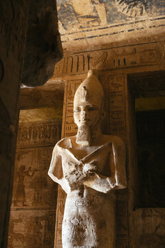 Statues and hieroglyphics inside the Egyptian temple Abu Simbel.