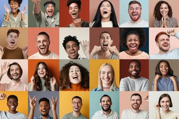 Collage of diverse people expressing positive emotions  - obrazy, fototapety, plakaty
