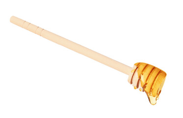 Natural honey dripping from dipper on white background