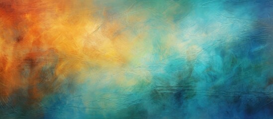 This abstract painting showcases a vibrant mix of blue, yellow, and orange colors with a textured...
