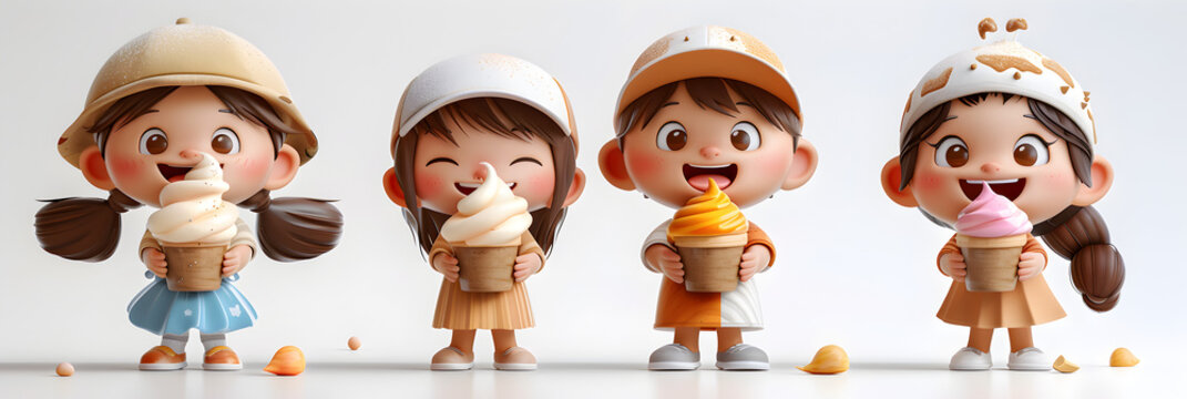 A 3D animated cartoon render of happy children enjoying sorbetto.
