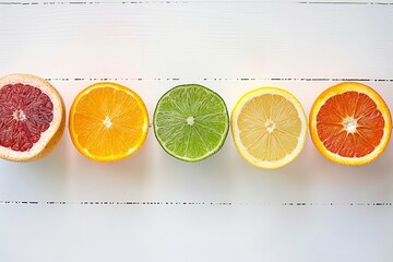 Isolated citrus slices. Fresh fruits cut in half (orange, pink grapefruit, lime, lemon) in a row...
