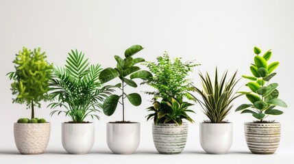 different kind of exotic plants in white pots with clear white background. indoor plants