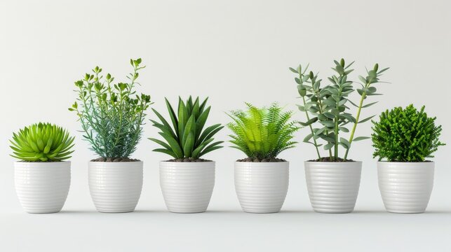 different kind of exotic plants in white pots with clear white background. All in a single row.