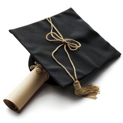Black Graduation Cap with Degree Isolated on White Background.