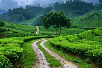 Gordijnen green tea plantation landscape © H_designs