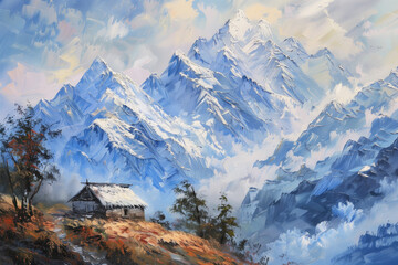 Mountains Scenery Landscape Oil Painting, Artwork, Generative AI